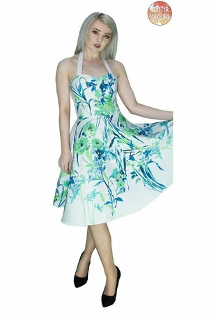 Dr Faust Turquoise Flowers White Midi Dress - Ophelia 3 Dr Faust Turquoise Flowers White Midi Dress - Ophelia