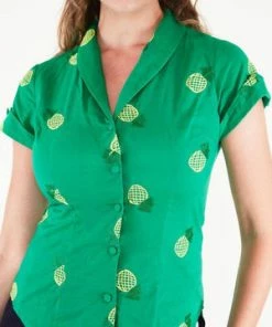Voodoo Vixen Violet Pineapple Embroidery Shirt -ROCKABILLY TOPS Shop violet pineapple embroidery shirt voodoo vixen 4 300x