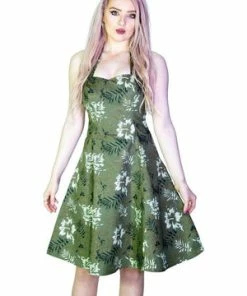 Dr Faust White And Bronze Flowers Green Retro Midi Dress - Laurie