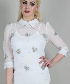 Voodoo Vixen Wonder White Chiffon Floral Embroidered Blouse