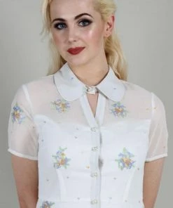Voodoo Vixen Wonder White Chiffon Floral Embroidered Flared Dress -ROCKABILLY TOPS Shop wonder white chiffon floral embroidered flared dress voodoo vixen 4 300x