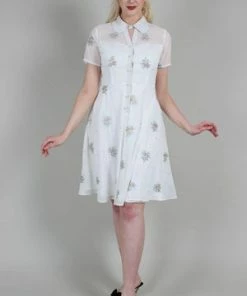 Voodoo Vixen Wonder White Chiffon Floral Embroidered Flared Dress